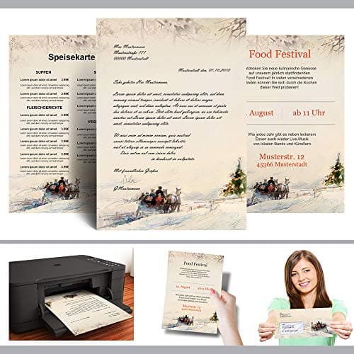 Set complet de 40 pièces Motif d'hiver, CALÈCHE DANS LES BOIS Variante A Saisons - Hiver 20 feuilles de papier à lettres et 20 enveloppes DIN LONG sans fenêtre | Paper-Media