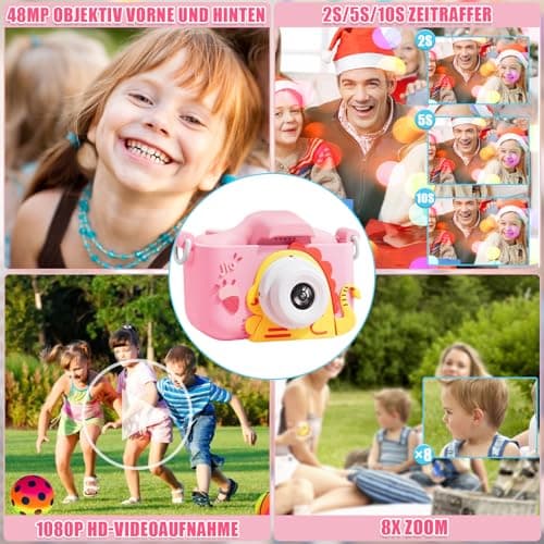 Appareil Photo Enfant, 2" 1080p, Appareils Photos Numériques Enfants, HD Appareil Photo pour Enfant avec 64GB Carte, Deux Caméras Avant Et Arrière, Kids Camera, Cadeaux pour Enfants de 3 À 12 Ans