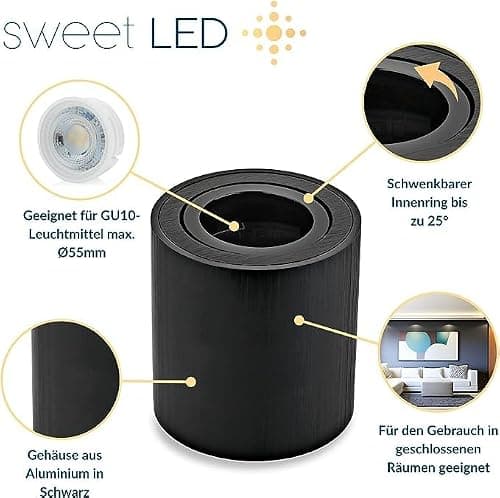 Sweet Led Lot de 2 Cadres de Montage GU10 Rond-Carré, Spot de Montage en Aluminium Brossé, Luminaire Sous-Meuble en Aluminium (Rond-Noir)