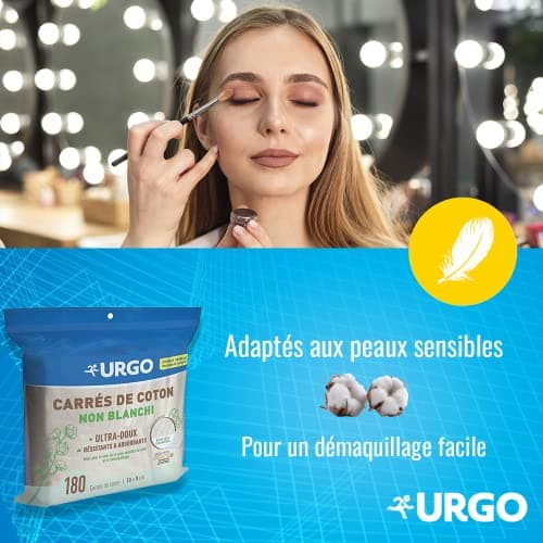 Urgo - Carrés de coton - Ultra-doux Absorbants - Coton de qualité certifiée OEKO-TEX® Non Blanchi - 180 unités