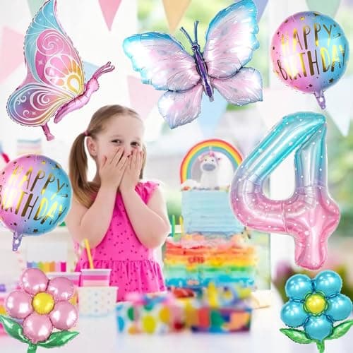 Ballons Anniversaire Fille, 7 Pièces Ballon Aluminium Féerique Ballon Papillon Ballon Fleur, pour Anniversaires de Filles, Baby Shower, Photographie, Articles de Fête (4 Ans)