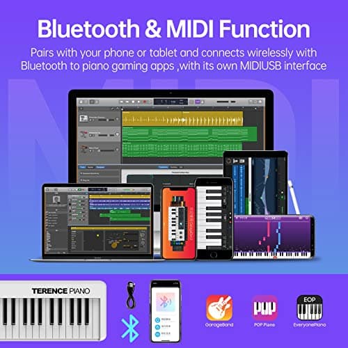 TERENCE Pliable Piano Numérique avec 88 Touches semi-lestées et Batterie de 1800mAh et interface USB MIDI support de partitions Bluetooth Sacs pour Clavier Câble audio Casque Pédale de sustain Blanc