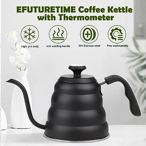 EFUTURETIME Bouilloire Noire Col de Cygne Inox Gaz, Theiere 1.2 L avce Thermomètre, Gooseneck Kettle pour Gaz, Induction avce Poignée Résistante à la Chaleur