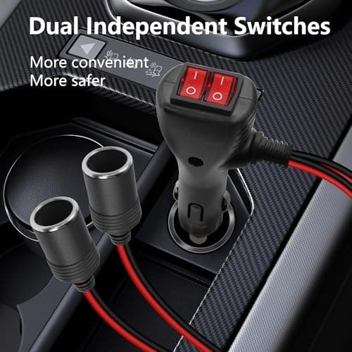 GELRHONR Répartiteur allume-cigare de voiture DC 12 V, prise allume-cigare 2 voies avec double interrupteur indépendant, câble d'extension double adaptateur allume-cigare avec fusible 10 A - 30 cm