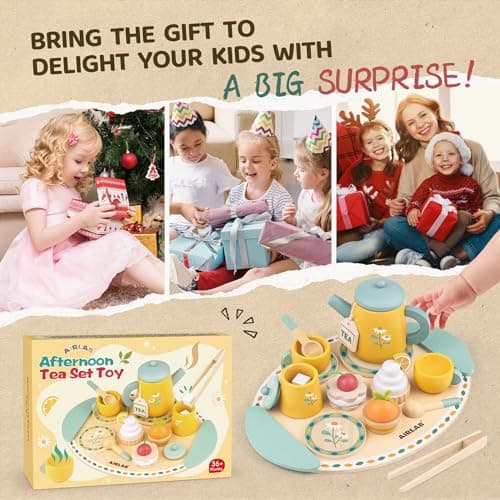 Airlab Service à Thé Bois Bébé, Jeux Rôle Tea Party, Jouet Éducatif Éveil Montessori, Gâteau Dessert Dinette Jouet Cuisine, Cadeau Créatif Anniversaire Pâques Halloween Noël Enfant Garçon Fille 3+ Ans