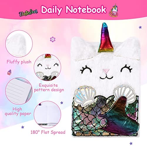 OFFCUP Journal Intime Fille, Mermaid Carnet Secret en Peluche, 160 Pages A5 Journal Secret avec Stylo et Autocollants Carnet de Notes Cadeau pour Enfants Bloc-notes Scolaire Cahiers