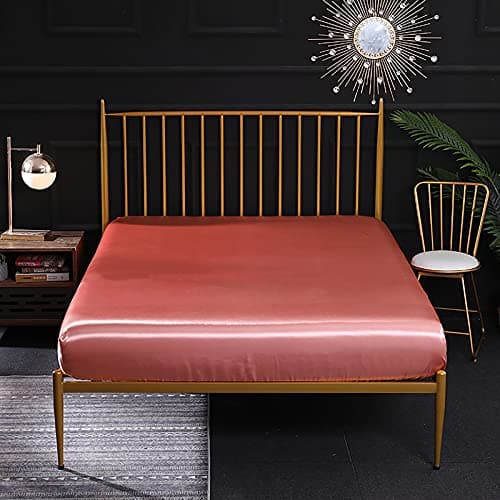 Ensemble 4 Pièces de Draps de Lit en Satin Couleur Unie 1 x Drap Housse 180x200 cm 2 Personnes avec Grand Bonnet de 35 cm, 1 x Drap Plat et 2 x Taie d'oreiller, Corail