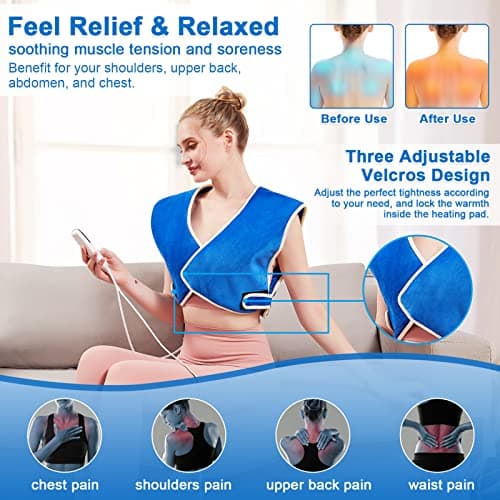 JOBYNA Coussin chauffant électrique pour épaule et dos, Bandoulière chauffante pour crampes, douleurs musculaires, Coussin de Thermothérapie, lavable, Arrêt automatique, réglable de 30 à 70°C, 90x77cm