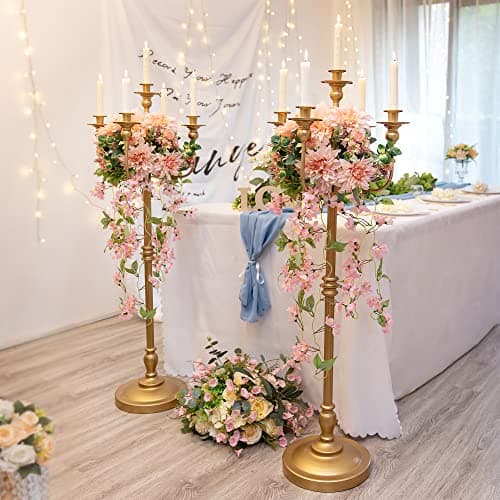 Sziqiqi 124cm Or Bougeoir Chandelier en Métal Lot de 2, Candélabre à 5 Bras Porte-Bougeoir Antique Décor Centre de Table pour Fête Mariage