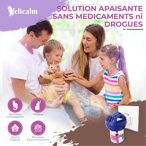 FELICALM Paris -Nouvelle Formule de PHEROMONE pour Chat et Chaton -DIFFUSEUR Intelligent ECONOMIQUE SECURITAIRE + Recharge de 48 ML- Anti Stress pour Chat- CALMANT- Bonheur et Harmonie.