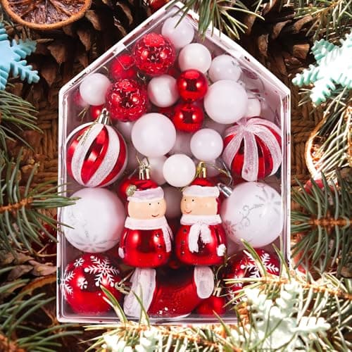 Kssvzz 72 Pcs Boule de Noel, Decoration Noel Sapin avec Lanière, Deco de Noel Mat et Brillant, Christmas Decorations à Suspendre - pour l'Intérieur et l'Extérieur, Anniversaires, Fêtes(Rouge, Blanche)