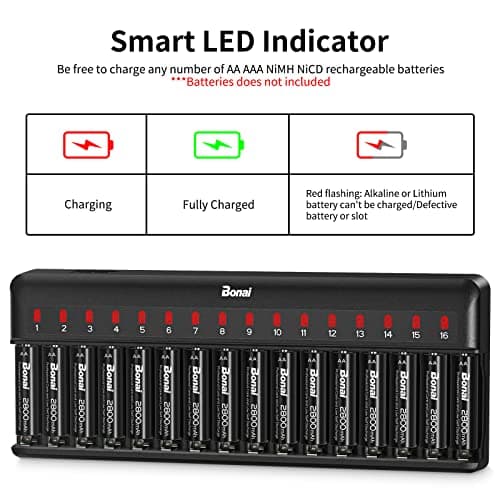 BONAI Chargeur Piles Rechargeable Rapide, 16 Slots Rechargeable Chargeur Piles pour AA AAA Ni-MH Ni-CD avec lumière LED et Câble de Charge AC, Contrôle Indépendant, Chargeurs intelligents