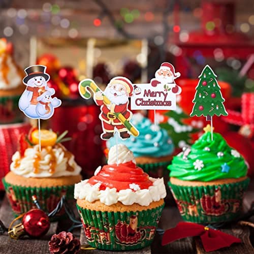 KEELYY 52 Pcs Noël Cupcake Toppers Picks Decoration Gateau de Noel Joyeux Noël Flocons de Neige Drap Cure-Dents pour Décorer Dessert Muffin Gâteau de Noël Fête