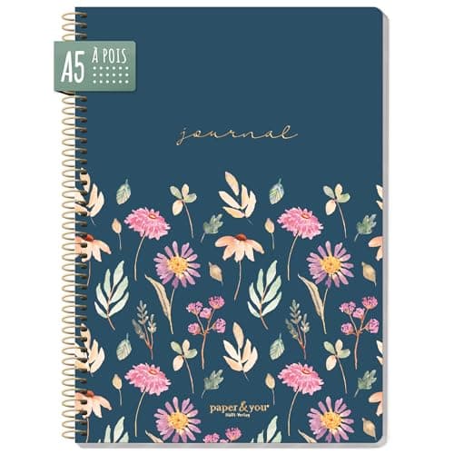 paper&you® Bullet Journal à pois, format A5, avec reliure à spirale, motif fleurs volantes, 160 pages, bloc-notes à pois avec spirale, bloc-notes à spirale, durable et respectueux du climat