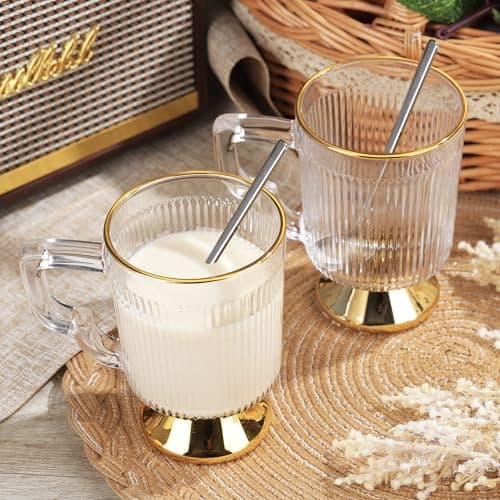 Joeyan Lot de 2 Tasse à Café à Bord Doré, 350ml Verres à Thé Cannelés Vintage avec Poignée, Tasses à Expresso, Verres Nervurés pour lattes,lait,Cappuccino,thé,boissons,Lavable au Lave-vaisselle