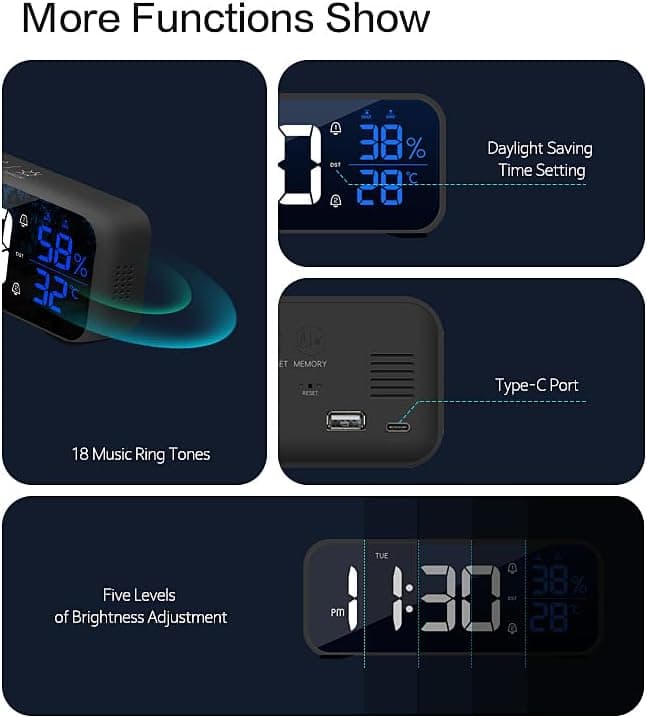 Reveil Matin, Réveil Numérique Miroir LED avec Fonction Snooze, Grand écran avec Affichage de la Température, Alarm Clock, Réveil Lumineux Alimenté par USB, Reveil avec 12/24H