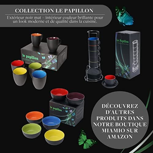 MIAMIO - 6 x 350 ml Tasse à café en grès/Ensemble de tasses Le Papillon Collection (Noir-Multicolore)