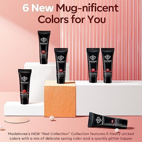Modelones Polygel Rouge Pailleté 6 Couleurs 15 ml Poly gel Extension pour Ongles Faux Ongles Construction Vernis Semi Permanent Quick Building Gel Complet pour Halloween Manucure Nail Art Kit