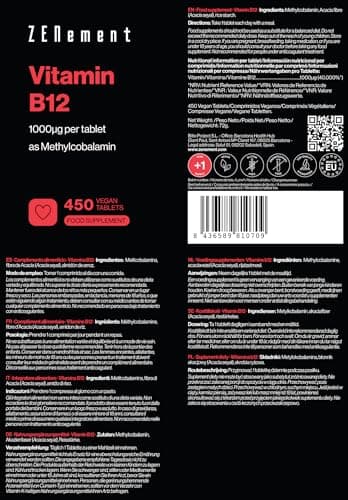 Vitamine B12 1000 mcg - 450 Comprimés Végans (+ 1 An) - Vit B12 Méthylcobalamine Hautement Biodisponible - Pour l'Énergie, l'Immunité et la Fatigue - Pour Végans, sans Additifs et Sans Gluten