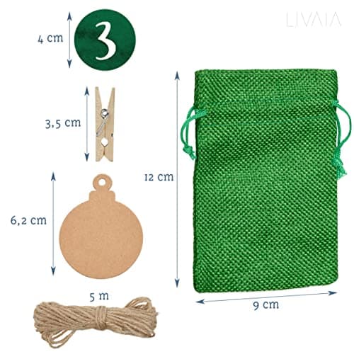 Calendrier de l'Avent à remplir, jute : Calendrier de l'Avent 2023 à remplir soi-même, jute - chiffres adhésifs, 24 sachets - pour enfants, LIVAIA