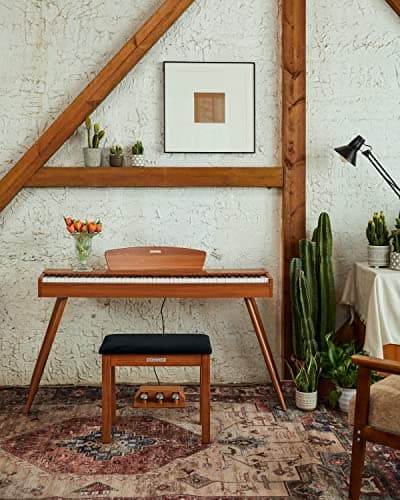 Donner Banc de Piano avec Rangement, Banc de Piano en Bois Massif avec Coussin en Daim Haute densité, Finition Bois