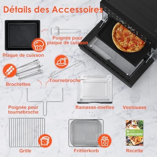 LLIVEKIT 30L Friteuse sans Huile XXL avec Tournante Rôtissoire, Air Fryer 20 Programmes et 9 Accessoires, Friteuse sans Huile avec Écran Tactile LED, Mini Four avce Livre de Recettes, 80°C-230°C