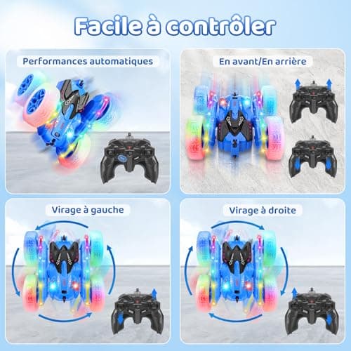 SGILE Voiture Télécommandée, Voiture Cascadeuse avec Bandes Lumineuses Latérales et Phares, 2.4Ghz, Rotations à 360°, Voiture RC Rechargeable Jouet pour Garçons Filles Cadeau d'anniversaire, Bleue