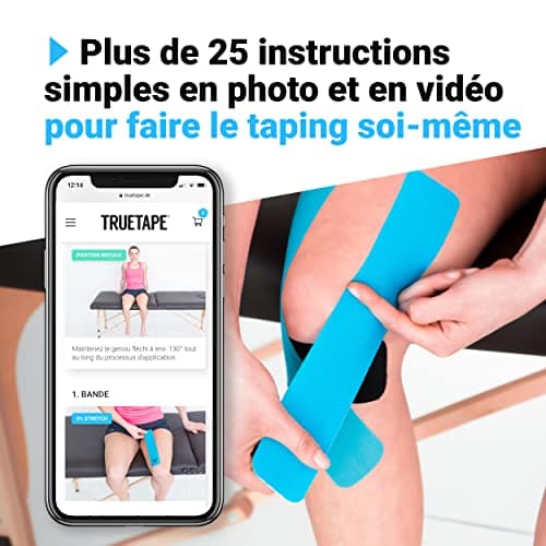 TRUETAPE® - Bandes de Kinésiologie en diverses coleurs | Rouleau de 5m x 5cm | Kinesio Tape imperméable et élastique pour le sport | Kinesiology Tape | Bleu & Noir