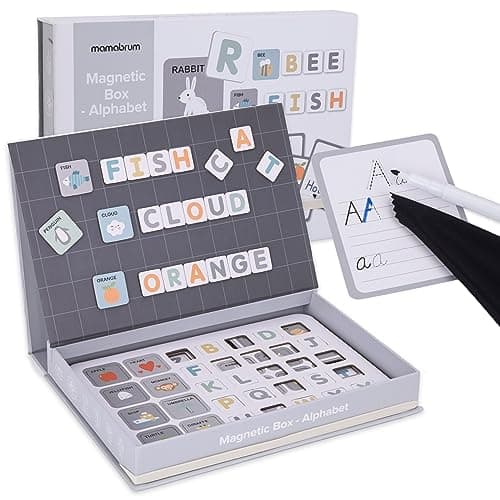mamabrum, Puzzle magnétique - Alphabet - Apprentissage de l'écriture, 1 boîte magnétique, marqueur effaçable, Tissu, 26 Cartes, 78 Carreaux magnétiques, pour Enfants Lettres et Chiffres magnétiques