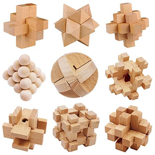 OBEST 9 Piezas Rompecabezas de Madera,Rompecabezas de lógica para el Entrenamiento Cerebro,Ejercicio Mental,IQ Puzzle Juguetes educativos,3D Brain Teaser entrelazados Rompecabezas para niños y Adultos