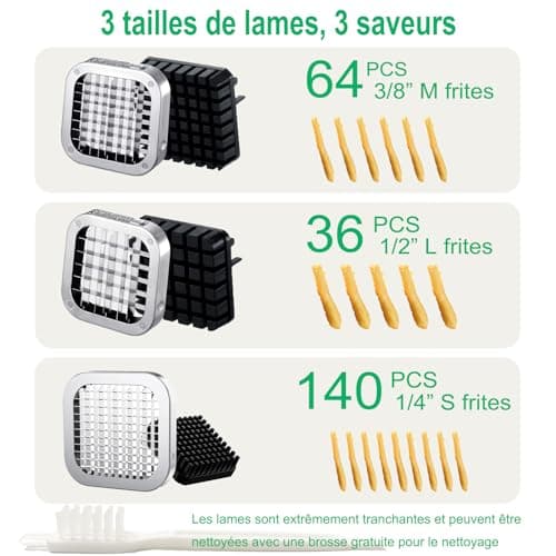 Eascandy Coupe-frites professionnel, Trancheuse à pommes de terre en acier inoxydable 12,7 mm et 9,5 mm et 6,35mm, Coupe-pommes de terre robuste pour patates douces, carottes, ignames et concombres.