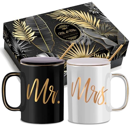 Gifffted Ensemble de Mugs Mr et Mrs avec Couvercles et Cuillères à Café pour d'anniversaire, Cadeau de Mariage, Comme Cadeau de Fiançailles, Noël, Emballage de Panier Luxueux, Tasses de Couple
