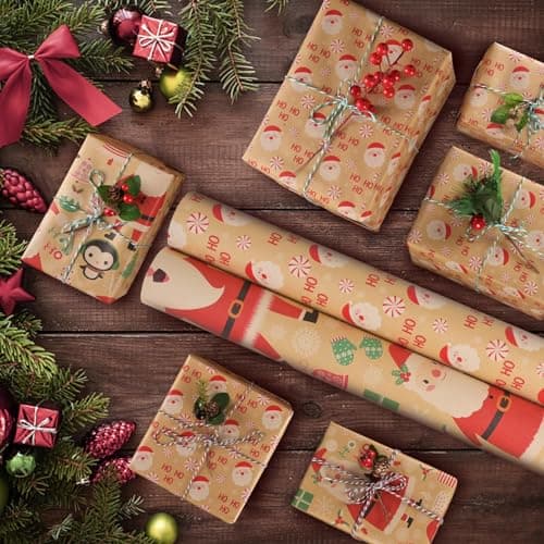 AhfuLife 2 Rouleau Kraft Papier Cadeau Noël, 43cm×15m Recyclable Papier Emballage Cadeaux Noel avec Motifs Fins pour Enfant Emballage des Cadeaux, Décor de Noël(C : Hoho/Père Noël)