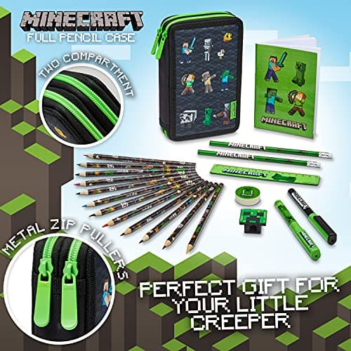Minecraft Trousse Scolaire Enfants avec Plusieurs Compartiment, Papeterie Incluse - Ecole Fourniture (Noir)