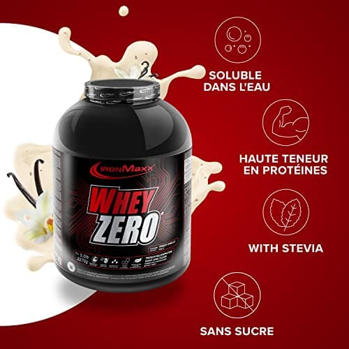 IronMaxx Whey Zero – Isolat de protéine de lactosérum en poudre – Protection et Régénération Musculaire – Sans sucre – Goût Vanille – 1 x boîte de 2,27kg