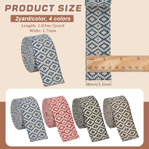 BENECREAT 8 Yards/7.3m Rubans Jacquard Losange 4 Couleurs, Sangle Jacquard Plate de 38mm de Large, Ruban Tissé en Polycoton pour Couture Artisanale et Vêtements, Poignées de Sac