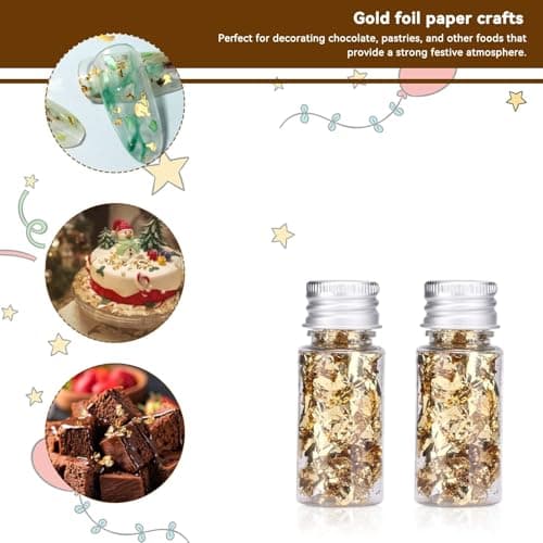 2 Bouteilles Feuille d'or Comestible, Feuilles Papier Flocons de Feuille d'or pour Décoration de Dessert Gâteau Chocolat