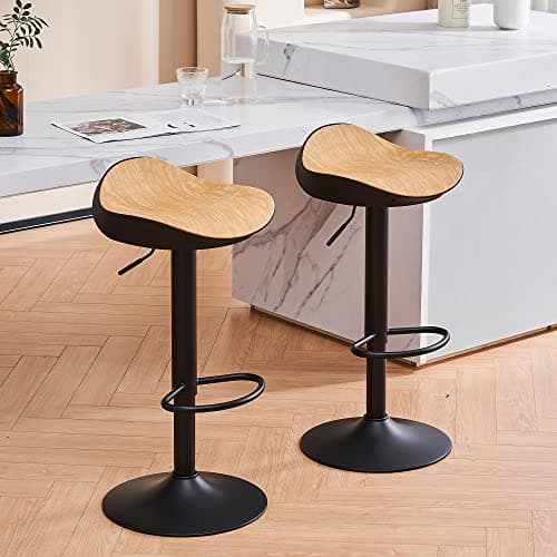 YOUNIKE Tabouret de Bar Noir Chaise Haute de Bar, Hauteur Réglable et Pivotant 360° Tabouret Design Siège en Grain de Bois, Tabouret pour Bar Cuisine et Comptoir Lot de 2
