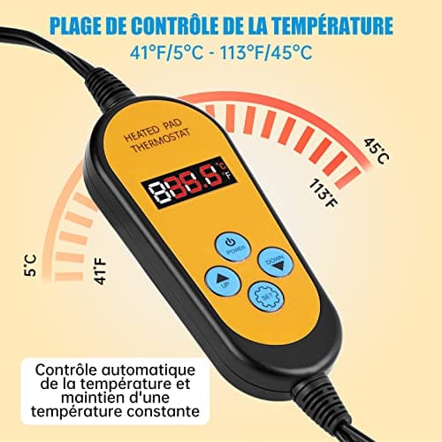 WADEO Tapis Chauffant pour Semis, Tapis Adjustable Chauffage avec Contrôleur de Thermostat 5-45°C (41-113°F), Durable, étanche, Tapis Chauffant pour Plantes, Reptile, Amphibien, 25 x 52cm