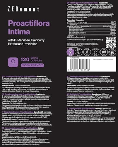 Proactiflora Intima, Probiotique Flore Intime avec Canneberge (Cranberry), D-Mannose | 5 Souches Lactobacillus Reuteri, Rhamnosus, Crispatus, Casei et Acidophilus | 120 Gélules Vegan | Zenement