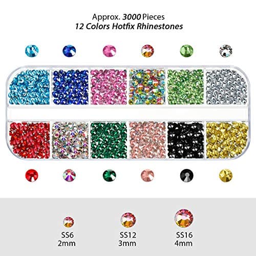 Hotfix Lot de 9 000 strass ronds en verre thermocollant, 3 tailles, 12 couleurs, avec pince à épiler et 1 stylo de prélèvement pour manucure, art du visage