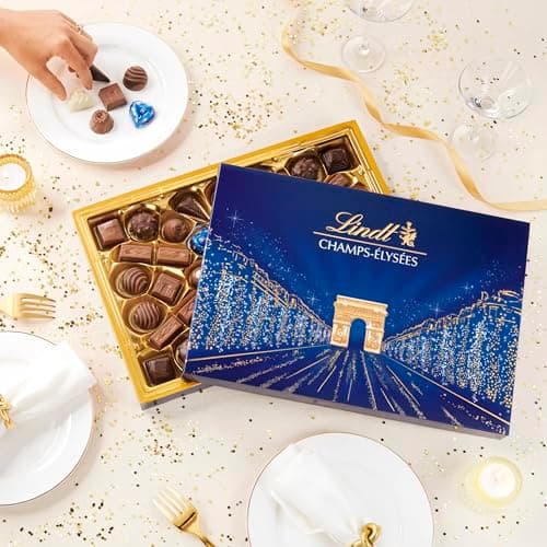 Lindt - Boîte CHAMPS-ÉLYSÉES Assorti - Assortiment de Chocolats au Lait, Noirs et Blancs - Pralinés, Croustillants et Onctueux - Idéal pour Noël, 469g
