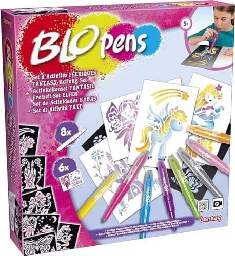 BLOPENS - Set Activités Féeriques - Feutres de Coloriage À Souffler Avec Pochoirs Réutilisables - Idée Cadeau Enfants dès 5 Ans - Kit Création Dessins Fées, Licornes & Sirènes Pailletées - Lansay
