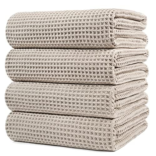 Polyte - Lot de 4 Serviettes de Bain en Microfibres - sèche Rapidement/ne Peluche Pas - Tissu alvéolé - Beige - 152,4 x 76,2 cm
