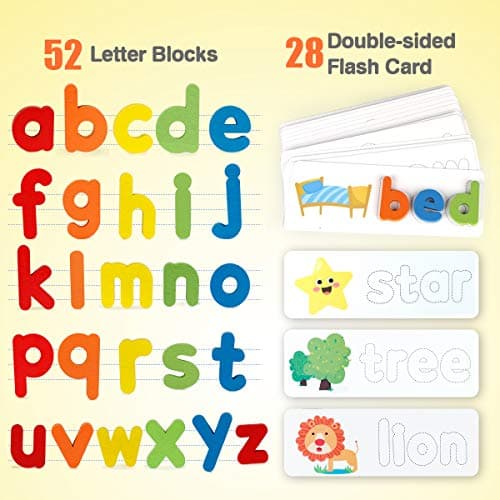 Coogam Voir Orthographe Jouet d'apprentissage en Bois ABC Alphabet Flash Cartes Correspondant Forme Lettre Jeux Montessori Préscolaire Tige Jouets Éducatifs Cadeau pour Tout-Petits Enfants