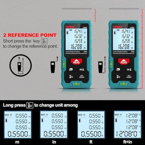 Télémètre Laser Mètre Laser 50M Numérique avec 2 Niveaux à Bulle,Mesure de Longeur Surface Volume Pythagore Kiprim LD50E