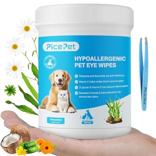 PICE PET Lingettes hypoallergéniques pour Les Yeux pour Chiens et Chats, nettoyant à Base de Plantes pour Les Taches de Larmes, écoulement, croûtes, allergies, démangeaisons, sans Parfum, 100 unités
