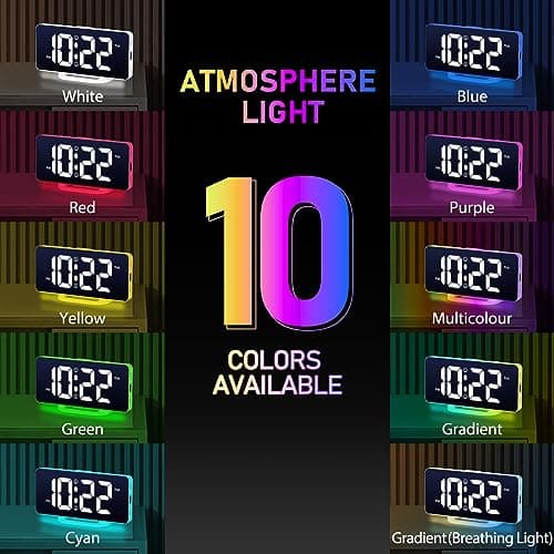 VINILITE Réveil Numérique Reveil Lumineux avec Veilleuse 10 Couleurs LED Horloge Digitale Luminosité Réglable, Fonction Snooze/ 2 Alarme/ 12/24H/ Port de Recharge USB (Blanc)