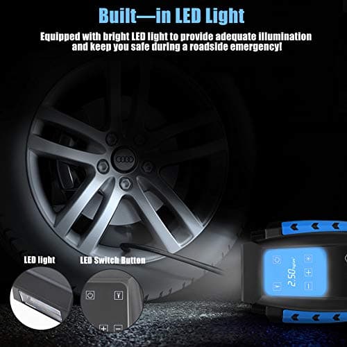OneAmg Compresseur à Air Portatif 12V, Gonfleur Pneus Voiture 120W, Electrique Compresseur Air avec Affichage Digital et Lumière LED, 3M Câble pour Voiture Vélo (Bleu)