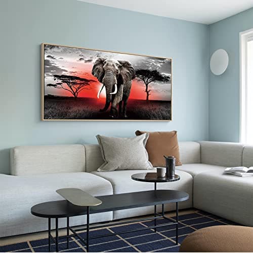 DCIDBEI 110x50CM 5D Rond Diamond Painting Grand Format Paysage Afrique,Peinture par Numéro Animal Anime, Point De Croix Diamant Arts Craft Maison Entrée Décoration Murale,Eléphant Africain